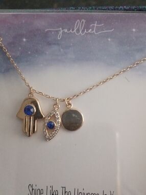 Julliet Gold Hamsa & Evil Eye Necklace with Blue Accents 16" Chain